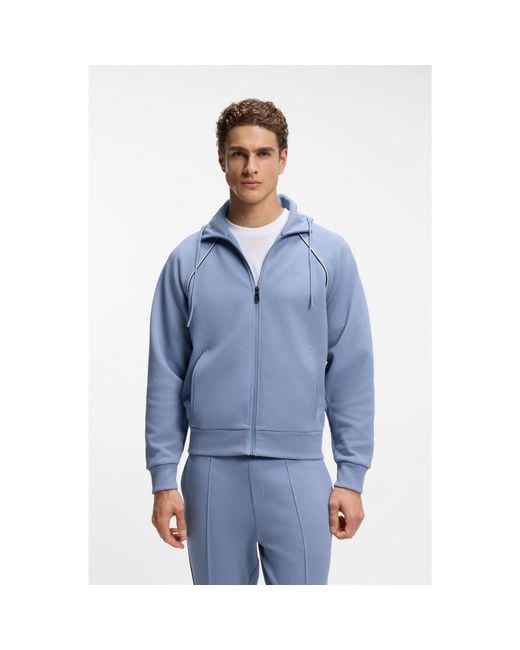 Boss Blue Cotton-Blend Zip-Up Hoodie With Piping Details for men