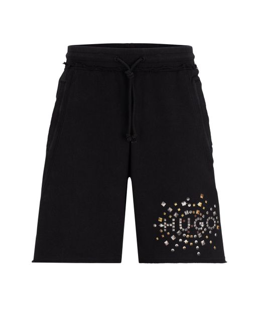 HUGO Shorts aus Baumwoll-Terry mit Artwork in Nieten-Optik in Black für Herren
