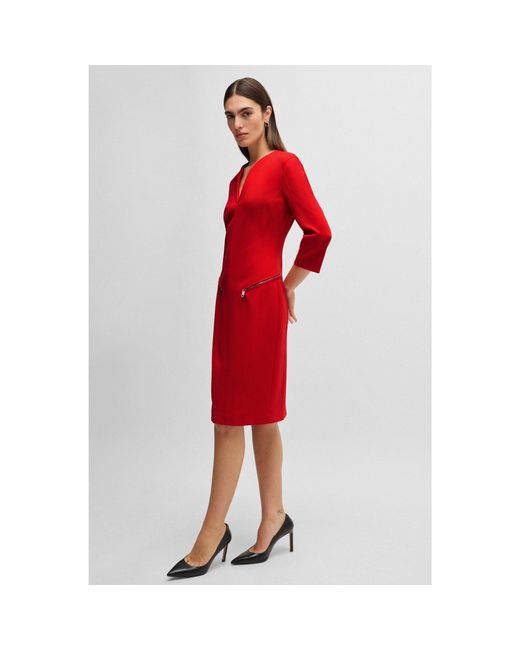 Boss Red V-Neck Dress With Zipped Pockets And Cropped Sleeves