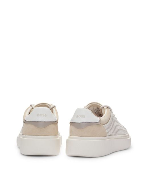 Boss White Lace-up Trainers With Zig-zag Mesh And Suede