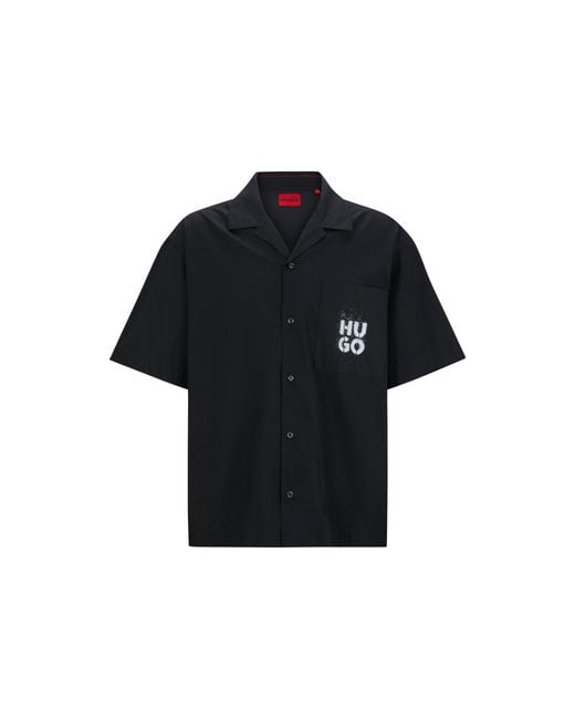 HUGO Black Oversized-Fit Shirt With Stacked-Logo Prints for men