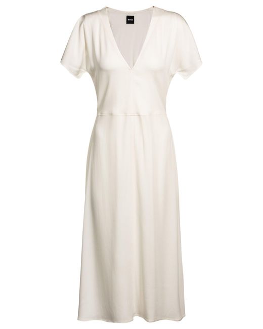 Boss White Kleid Aus Stretch-Gewebe Mit V-Ausschnitt
