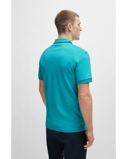 Boss Blue Interlock-cotton Slim-fit Polo Shirt With Collar Graphics for men