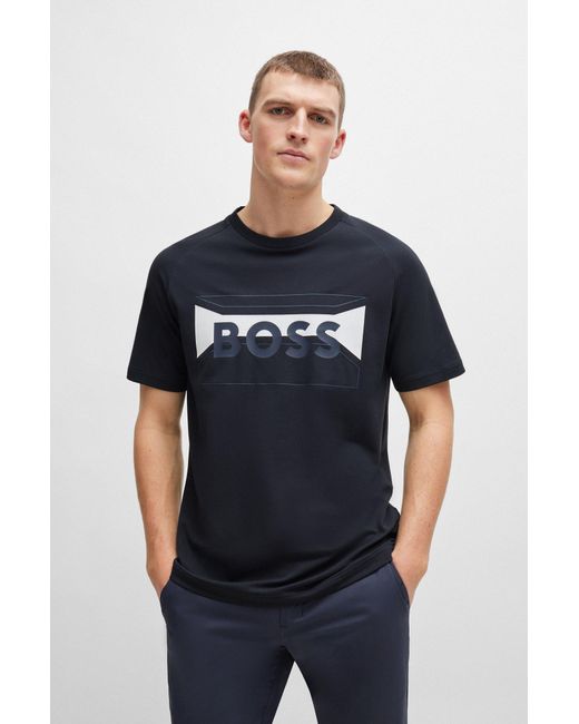 Boss Black Cotton-blend Regular-fit T-shirt With Logo Artwork for men