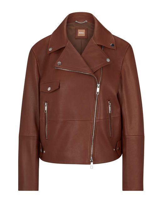 Boss Brown Leather Jacket With Signature Lining And Asymmetric Zip