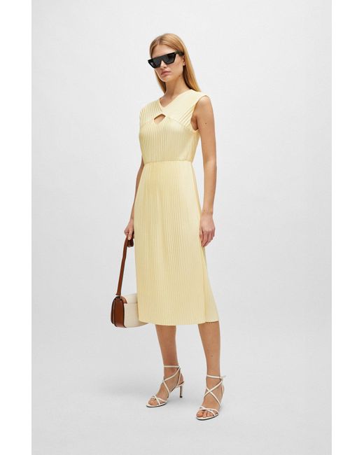 Boss Yellow Sleeveless Dress In High-shine Plissé Fabric