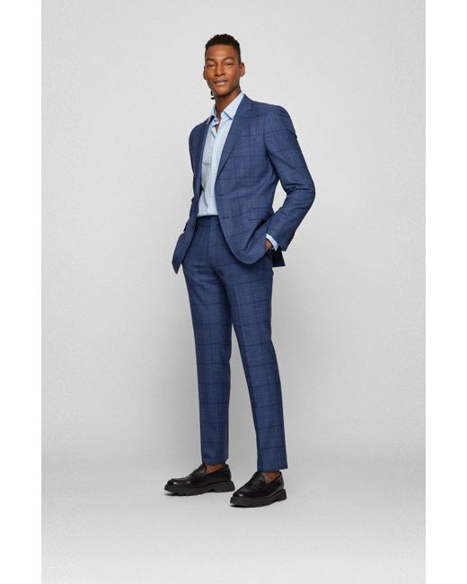 BOSS by HUGO BOSS Slim-fit Suit In Checked Virgin-wool Serge in Blue for  Men | Lyst