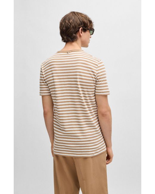 Boss Natural Horizontal-stripe T-shirt In Cotton And Linen for men
