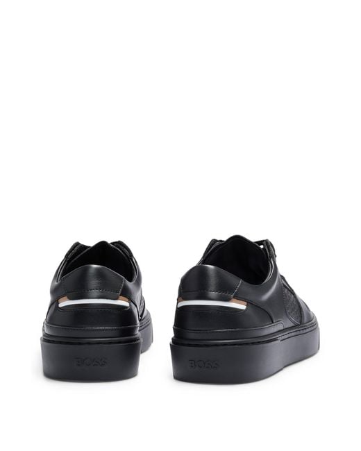 BOSS Leather Lace up Trainers With Monogram Detailing in Black for Men Lyst Canada