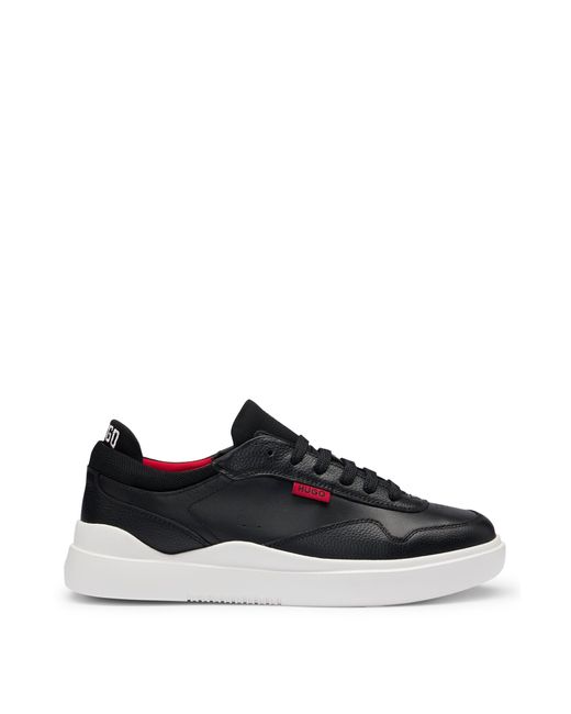 HUGO Black Leather Lace-up Trainers With Pop-colour Details for men