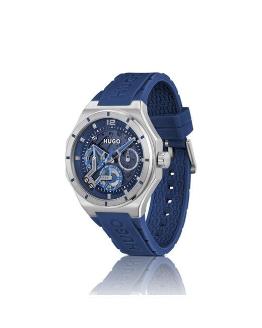 HUGO Blue Skeleton-Dial Watch With Silicone Strap for men