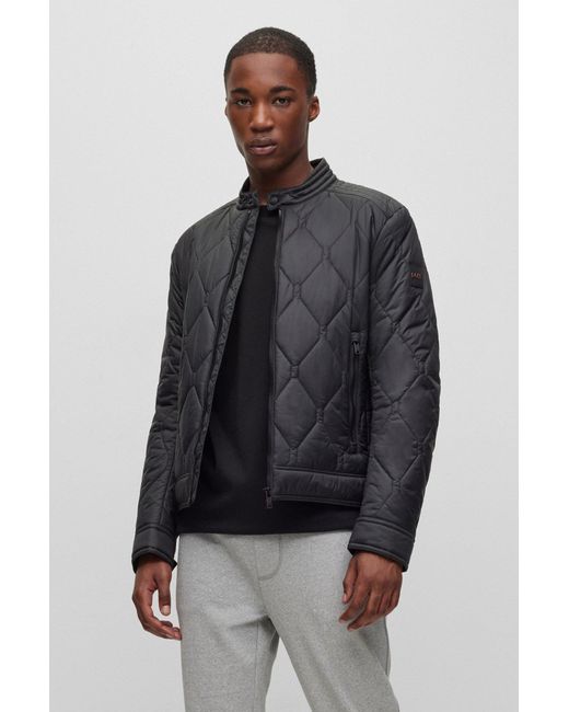 Boss Black Water-repellent Biker Jacket With Quilted Pattern for men