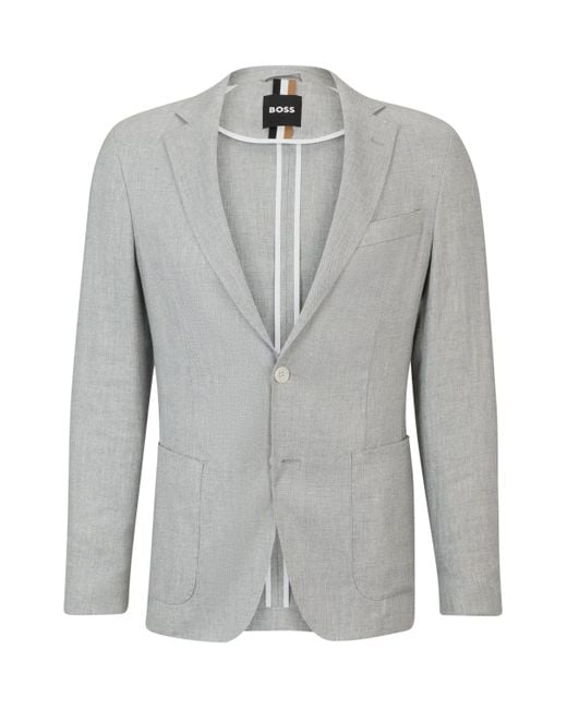 Boss Gray Slim-fit Jacket In A Micro-patterned Linen Blend for men