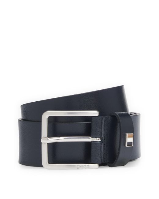 Boss Blue Italian-leather Belt With Signature-stripe Keeper Trim for men