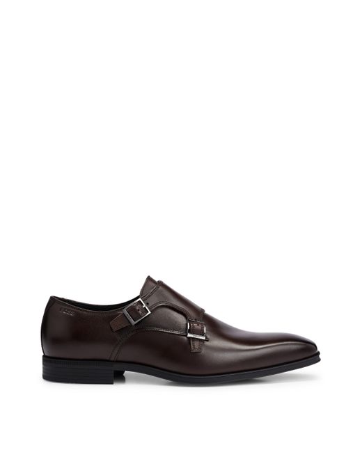 Boss Brown Double-monk Shoes In Smooth Leather for men