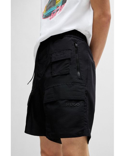 HUGO Black Cargo Shorts In Water-repellent Canvas With Phone Pocket for men