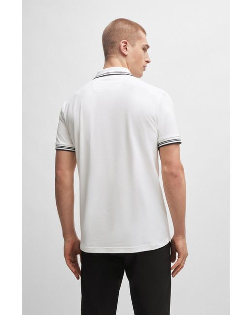 Boss White Stretch-cotton Slim-fit Polo Shirt With Branding for men