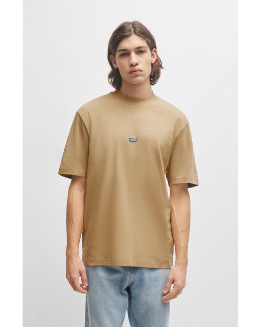 HUGO Natural Cotton-jersey T-shirt With Blue Logo Patch for men