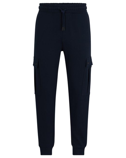 Boss Blue Cotton-terry Tracksuit Bottoms With Cargo Pockets for men