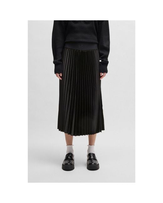 HUGO Black Plissé Maxi Skirt With Logo Waistband