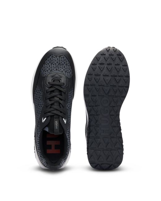 HUGO Black Mixed-material Trainers With Repeat-logo Details for men