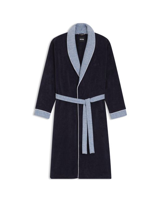 Boss Blue Cotton-Velvet Dressing Gown With Textured Trims