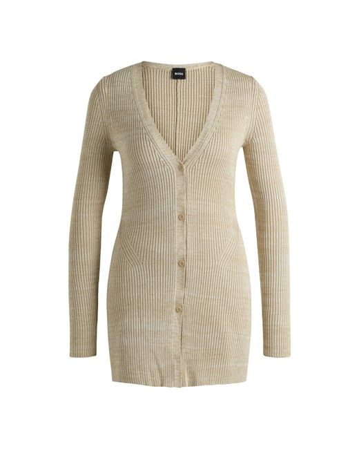 Boss Natural Long Cardigan With Mouliné Ribbed Structure