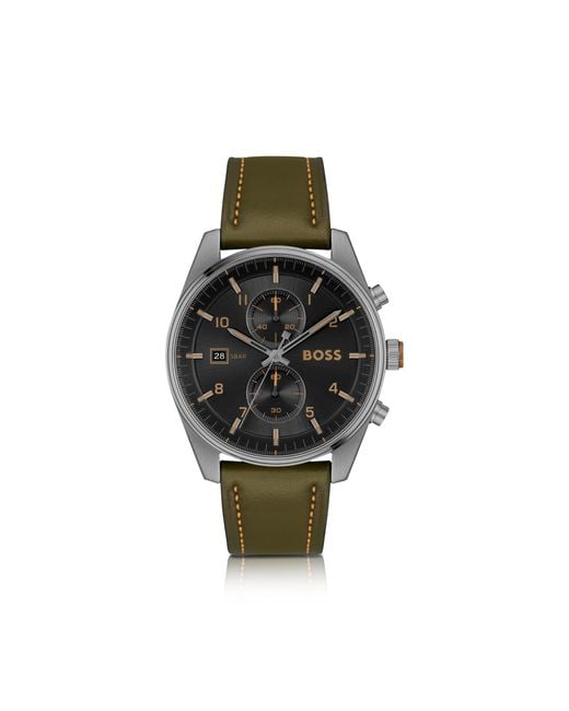 Boss Green Dial Chronograph Watch With Leather Strap for men