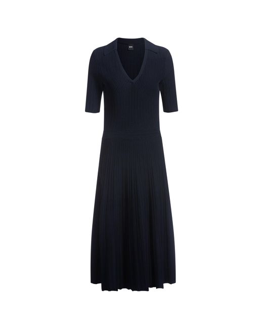 Boss Blue V-Neck Dress With Ribbed Structure