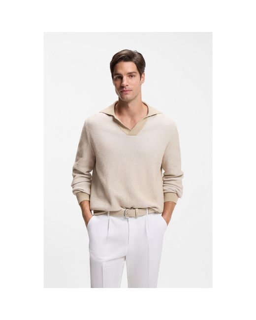Boss Natural Rib-Knit Cotton-Blend Sweater With Johnny Collar for men