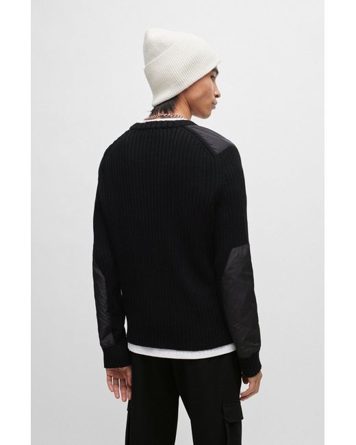 HUGO Black Ribbed-cotton Sweater With Tonal Trims And Stacked Logo for men