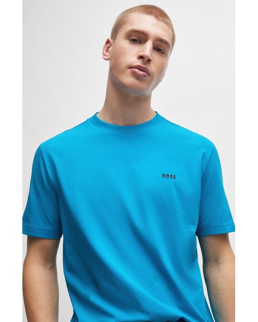 Boss Blue Stretch-cotton Regular-fit T-shirt With Contrast Logo for men