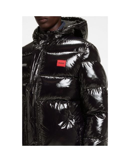 HUGO Black Water-Repellent Padded Jacket With Lacquered Finish for men