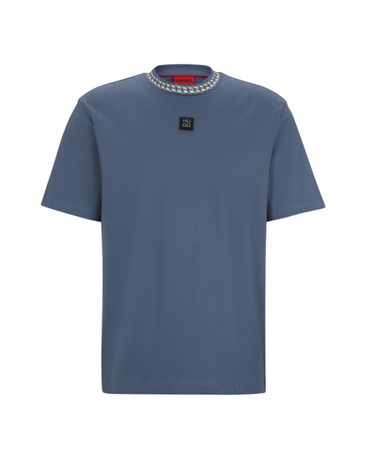 HUGO Blue Interlock-cotton T-shirt With Chain-print Collar for men