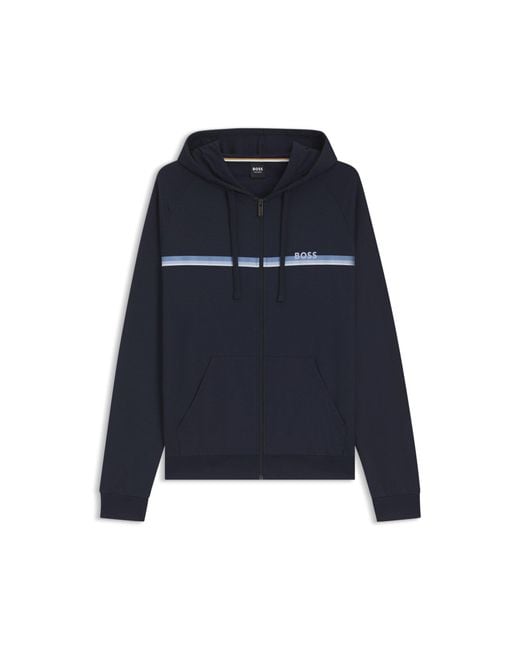 Boss Blue Cotton-Terry Zip-Up Hoodie With Stripes And Logo for men
