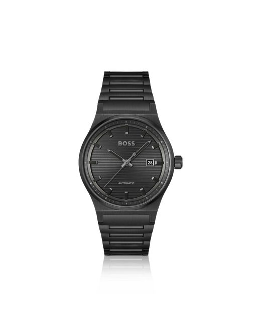 Boss Black Plated Automatic Watch With Groove-Textured Dial for men