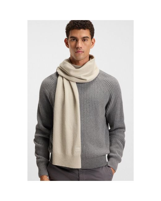 Boss White Ribbed-Hem Plain-Knit Scarf With Woven Logo Badge for men
