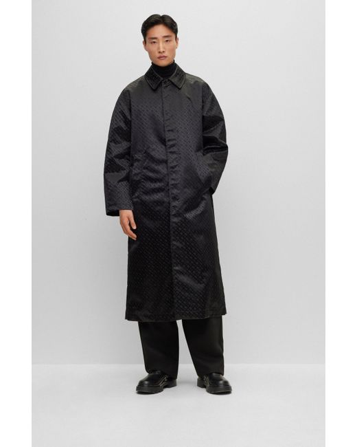 Boss Black Coated-jacquard Coat With Concealed Placket And Cotton Lining for men