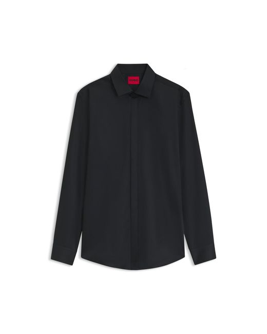 HUGO Black Slim-Fit Cotton Shirt With A Concealed Button Front for men