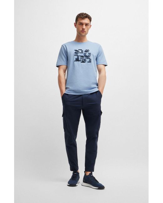 Boss Blue Cotton-jersey Regular-fit T-shirt With Typographic Artwork for men