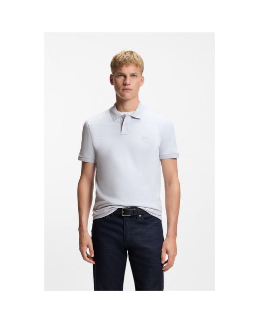 Boss Gray Stretch-Cotton Slim-Fit Polo Shirt With Logo Patch for men