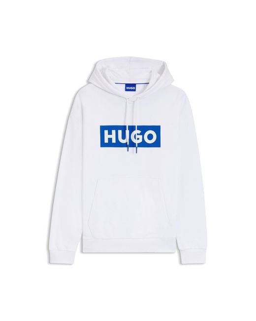 HUGO White Cotton-Terry Hoodie With Rectangle Logo Print for men