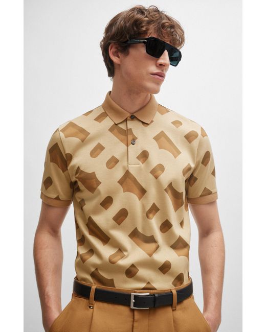 Boss Natural Monogram-jacquard Polo Shirt In Mercerised Stretch Cotton for men