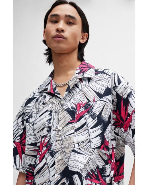 HUGO Oversized-fit Overhemd Van Katoenen Popeline Met Nieuwe Print in het Gray voor heren