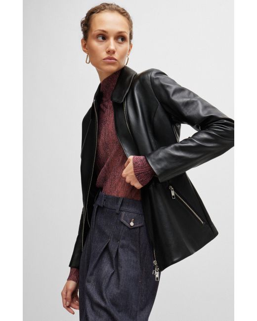 Boss Black Leather Jacket With Asymmetric Two-way Zip