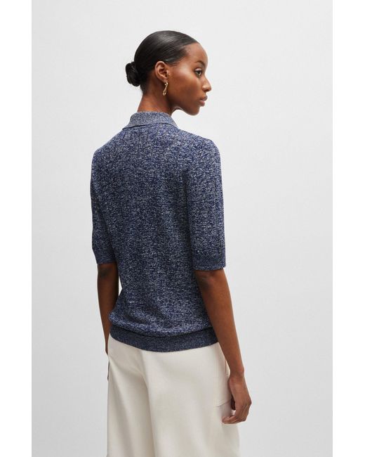 Boss Blue Linen-blend Sweater With Polo Collar