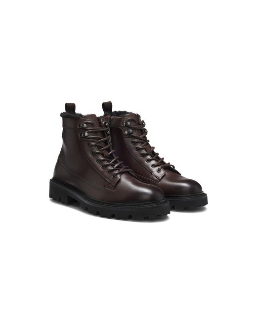 Boss Black Leather Half Boots With Faux-Fur Lining for men