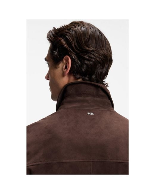 Boss Brown Suede Leather Jacket With Zip Closure for men