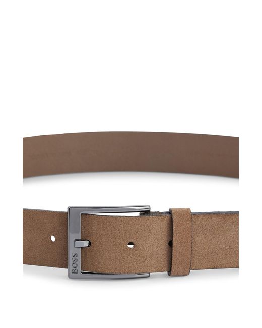 Boss Brown Italian-suede Belt With Engraved Logo Buckle for men