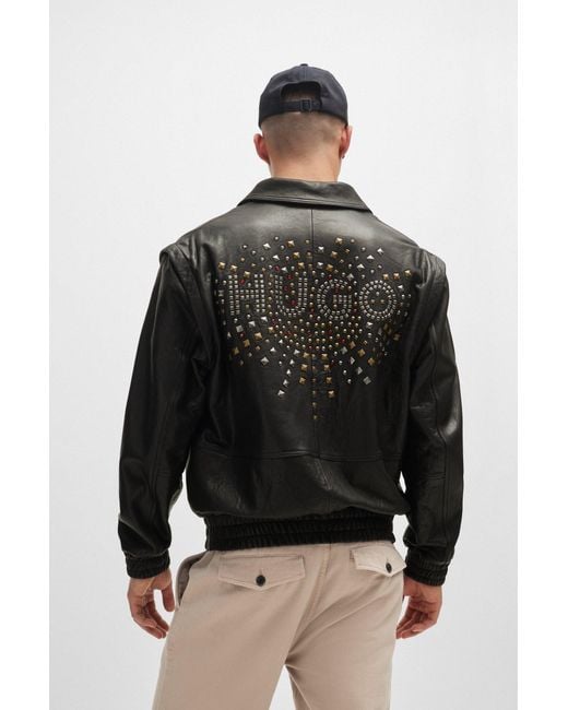 HUGO Black Leather Jacket With Detachable Sleeves And Stud Artwork for men
